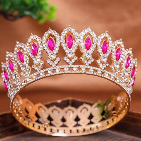 Декор для торта Корона D12 золото с малиновыми камнями 2583400673 фото
