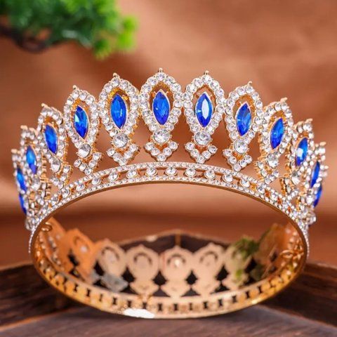 Декор для торта Корона D12 золото с синими камнями 2583405593 фото